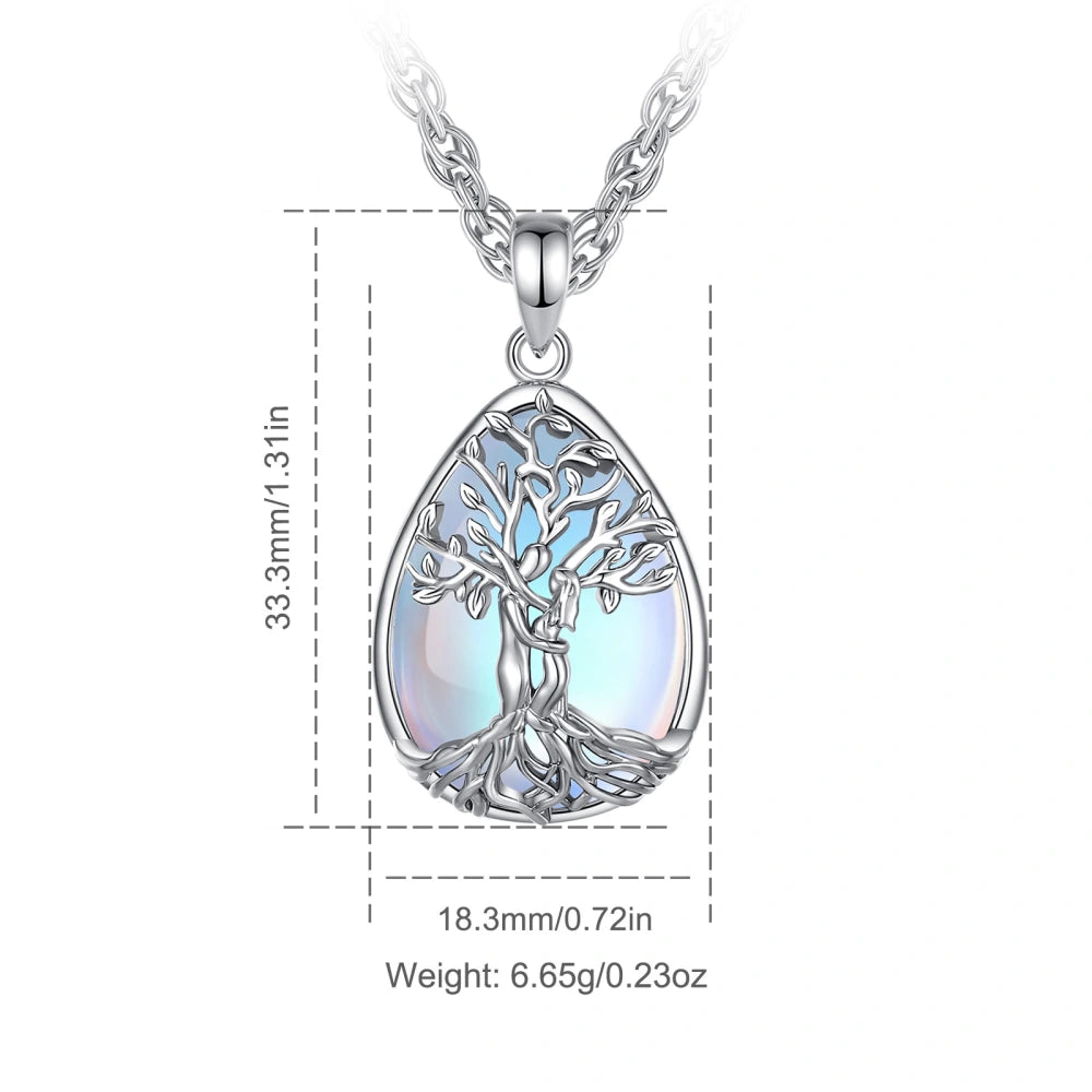 Rhodium-Plated Copper Tree of Life Pendant with Moonstone
