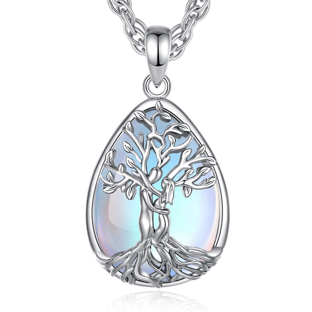 Rhodium-Plated Copper Tree of Life Pendant with Moonstone