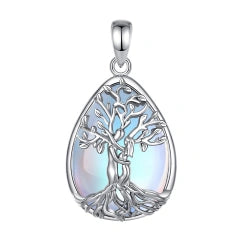 Rhodium-Plated Copper Tree of Life Pendant with Moonstone