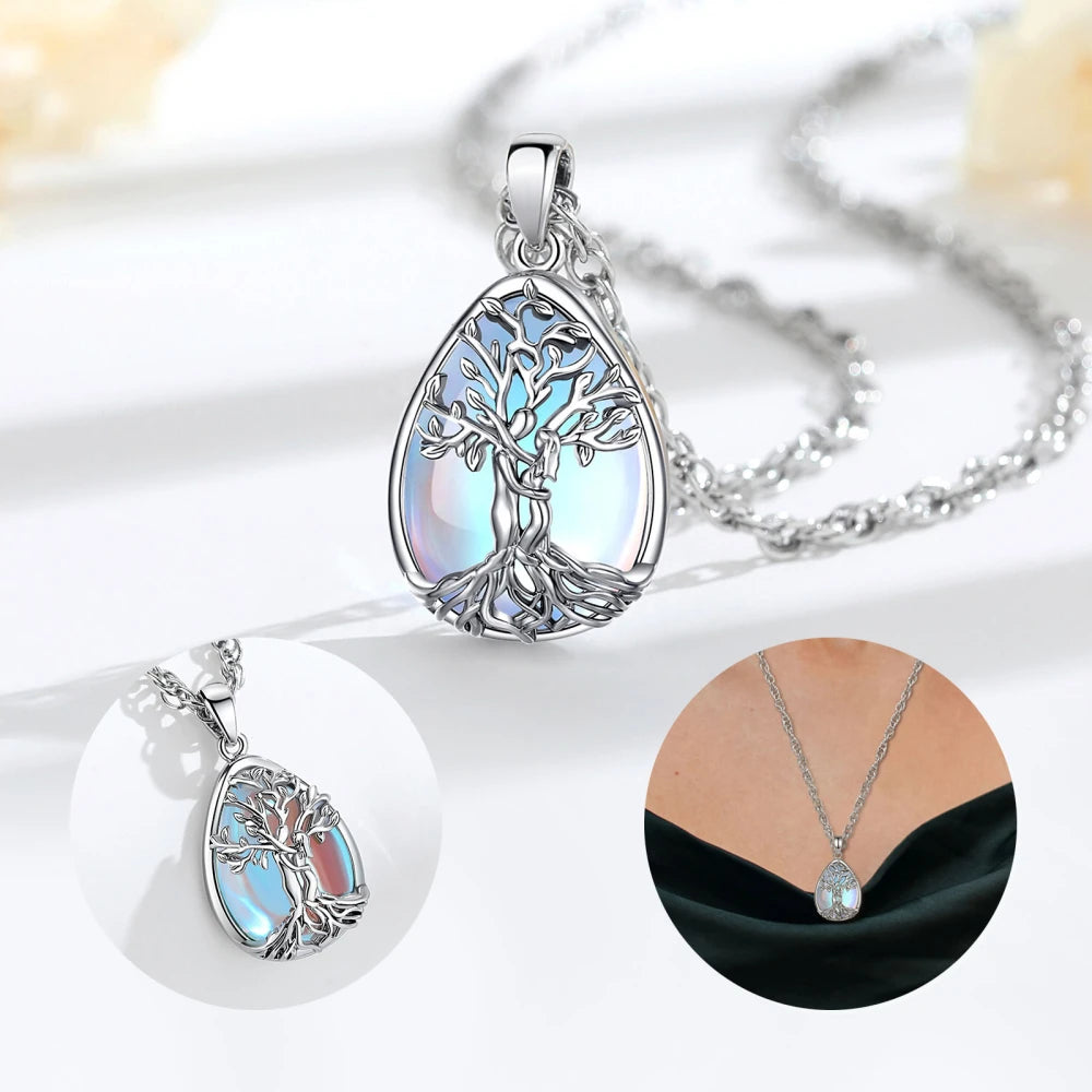 Rhodium-Plated Copper Tree of Life Pendant with Moonstone